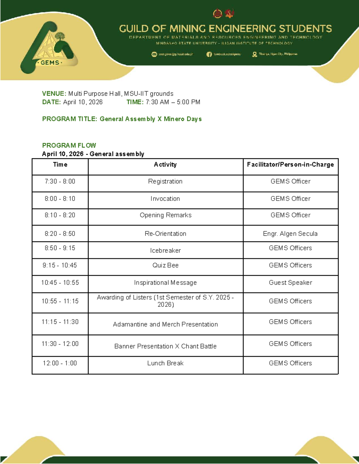 General Assembly Program Flow - Minero Days 2026 - Studocu