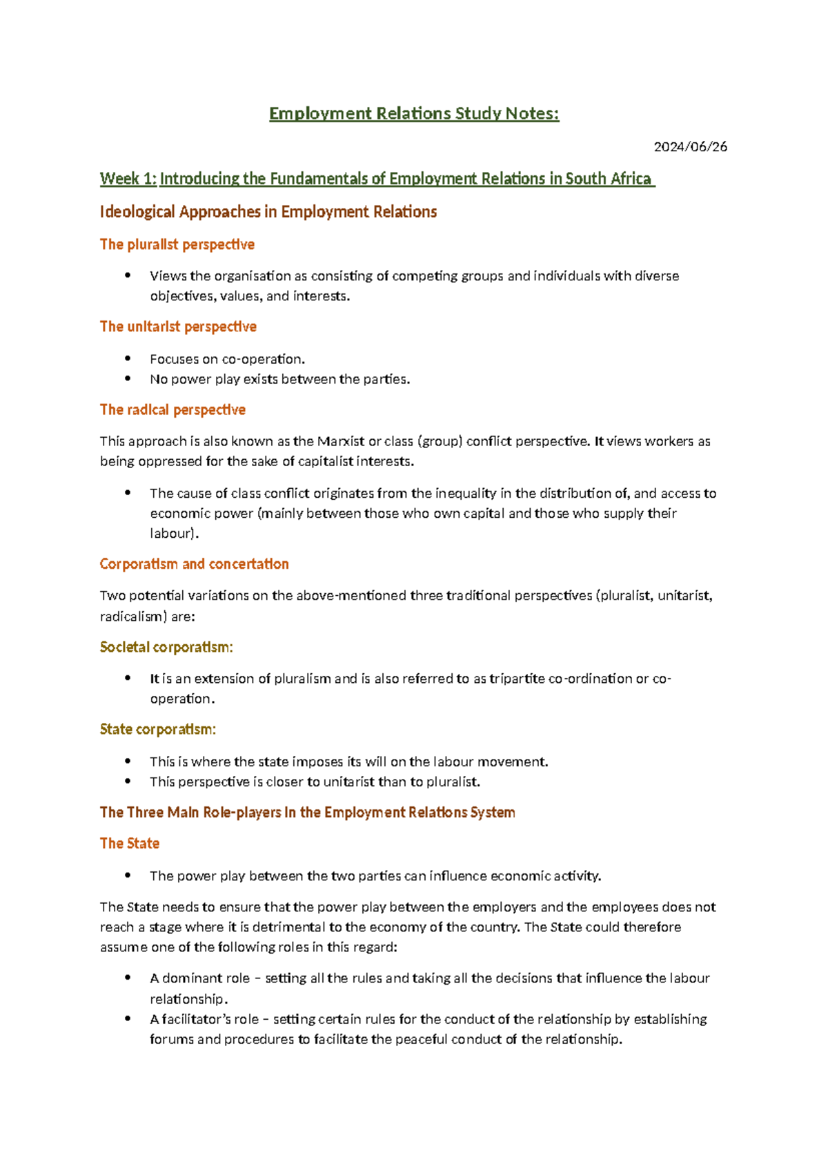 Employment Relations Study Notes (2024) - Week 1 & 2 Insights - Studocu
