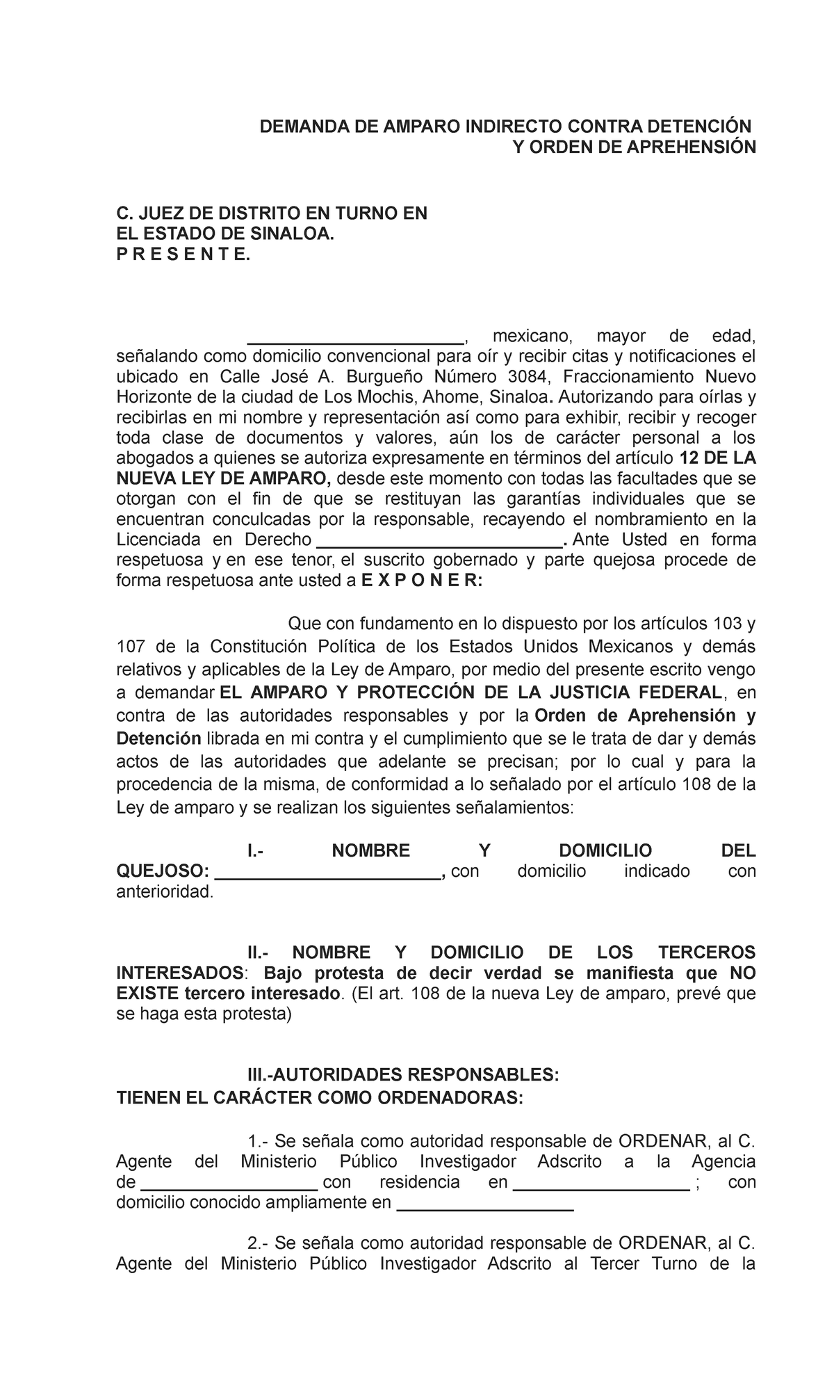 Demanda de Amparo Indirecto Contra Detención y Orden de Aprehensión ...