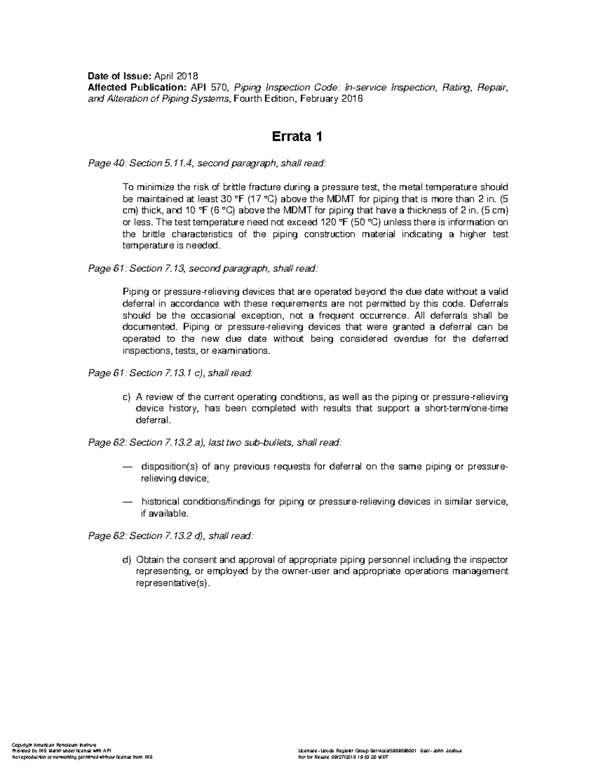 API 570: Piping Inspection Code - Errata and Updates (April 2018) - Studocu