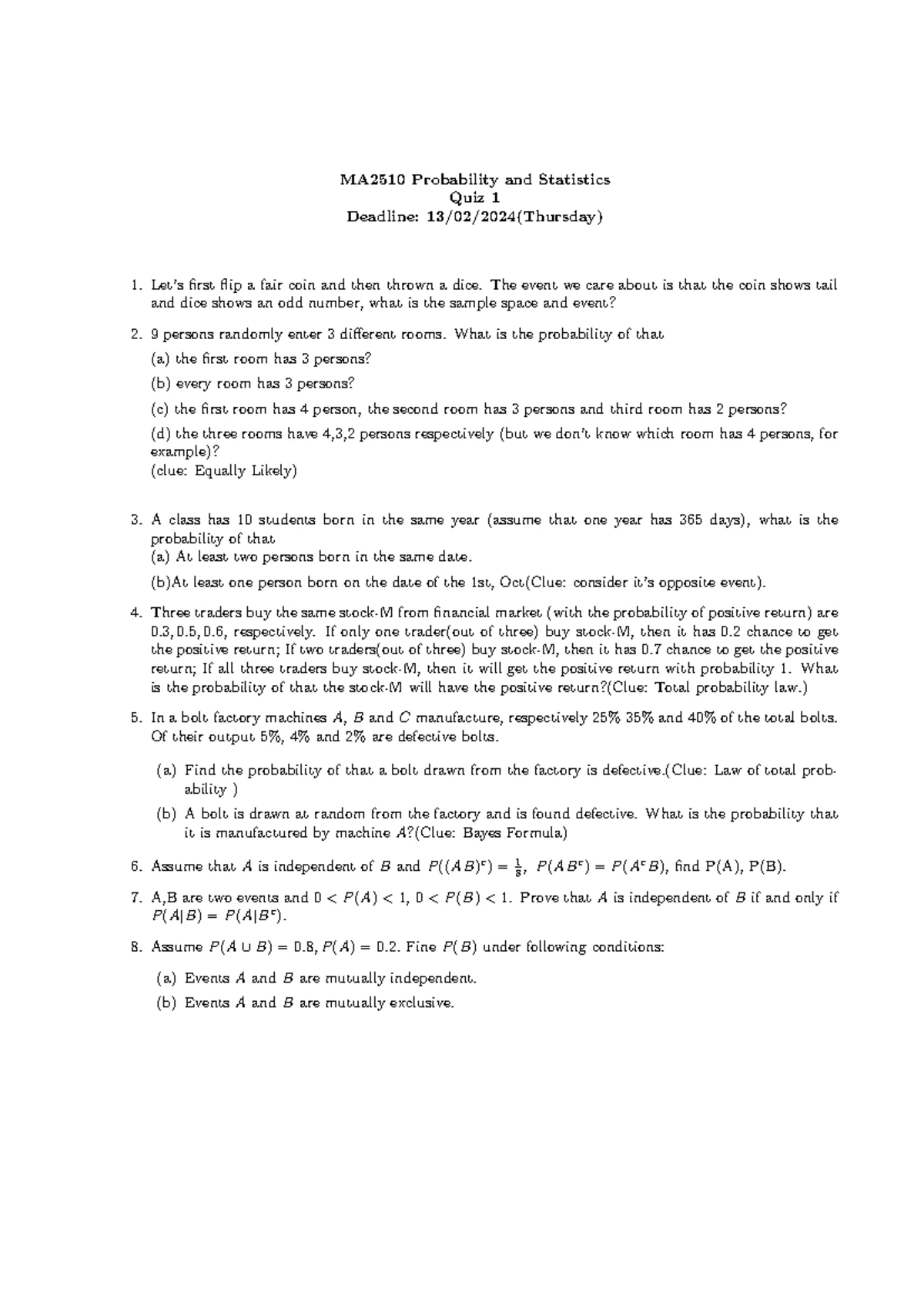 Midterm Exam Solutions for MA2506 / MA2510: Probability and Statistics ...