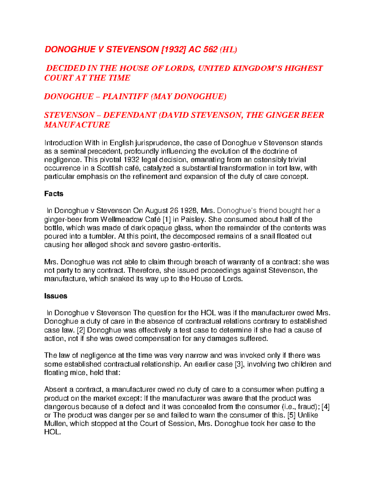 Donoghue v Stevenson [1932] AC 562 (HL) - Landmark Case Analysis - Studocu