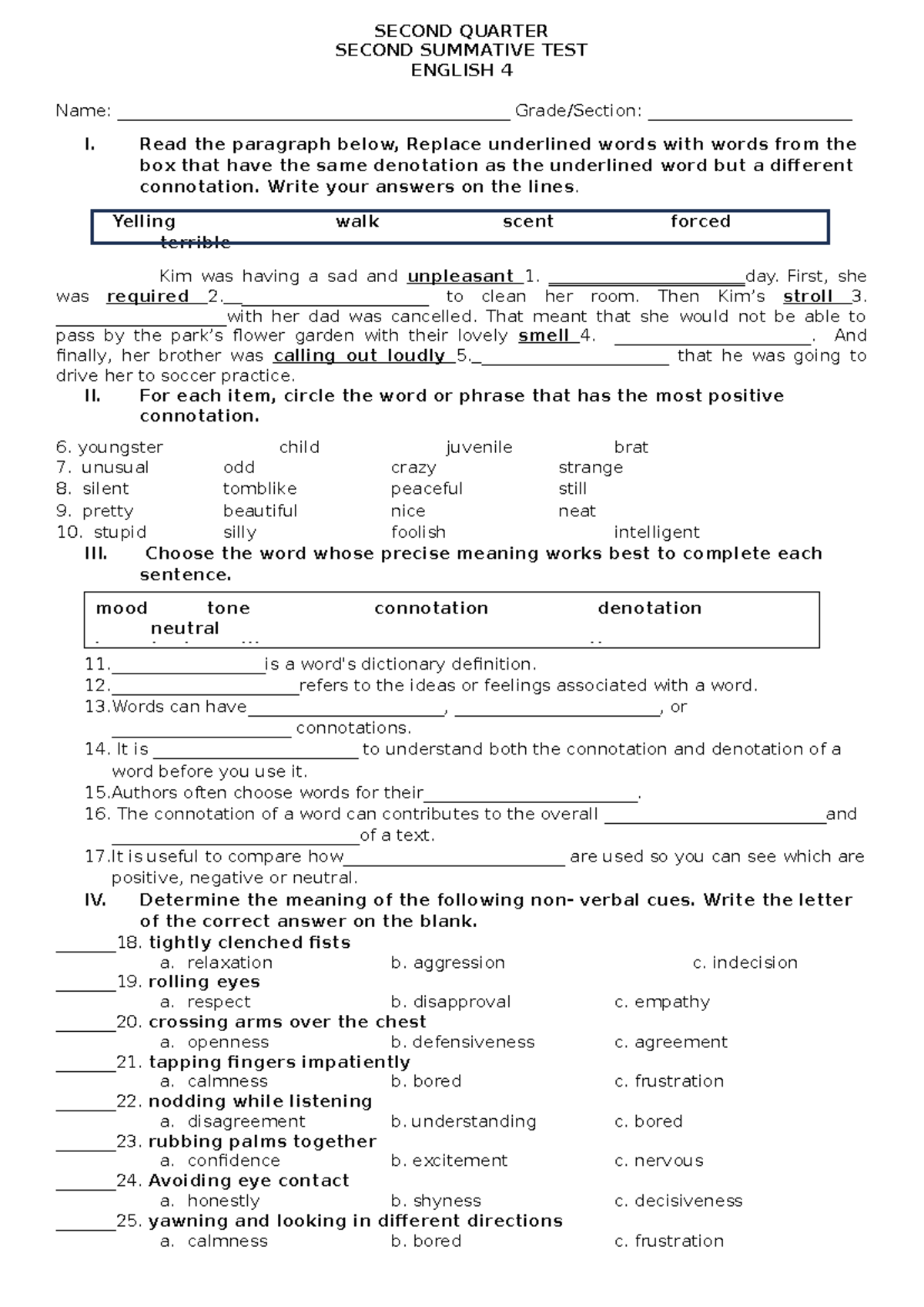 ENG4 Q2 Second Summative Test: Connotation & Denotation Exercises - Studocu