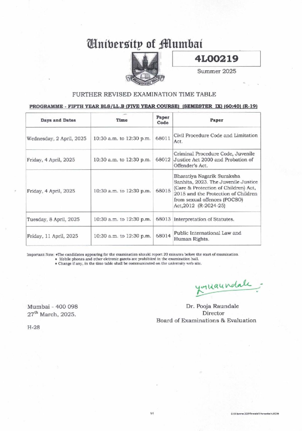 4L00219 Summer 2025 Revised Exam Time Table for Fifth Year (Sem IX ...
