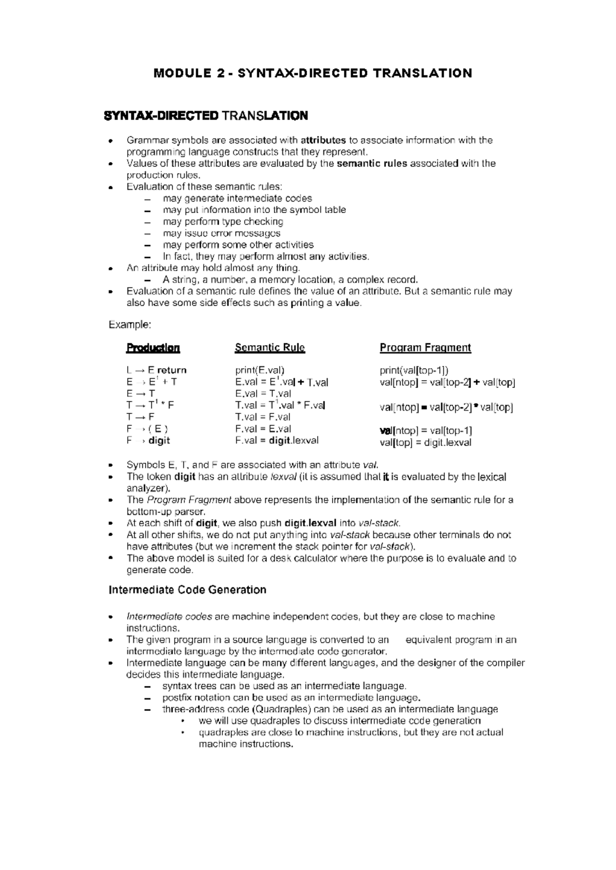 Module 2: Translation and Intermediate Code Generation Notes - Studocu