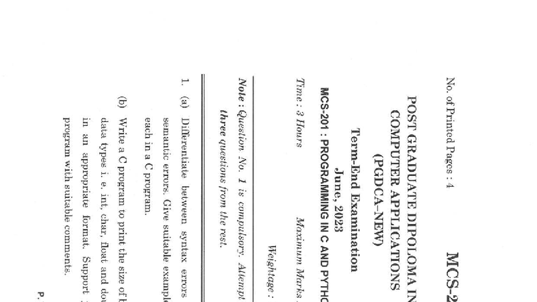 PGDCA Exam June 2023: Programming in C & Python Questions - Studocu