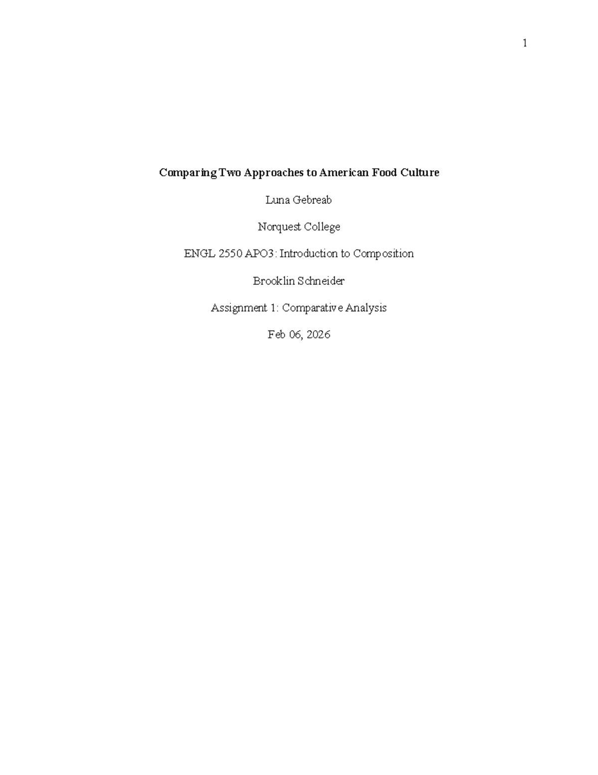 ENGL 2550 APO3: Comparative Analysis of American Food Culture - Studocu