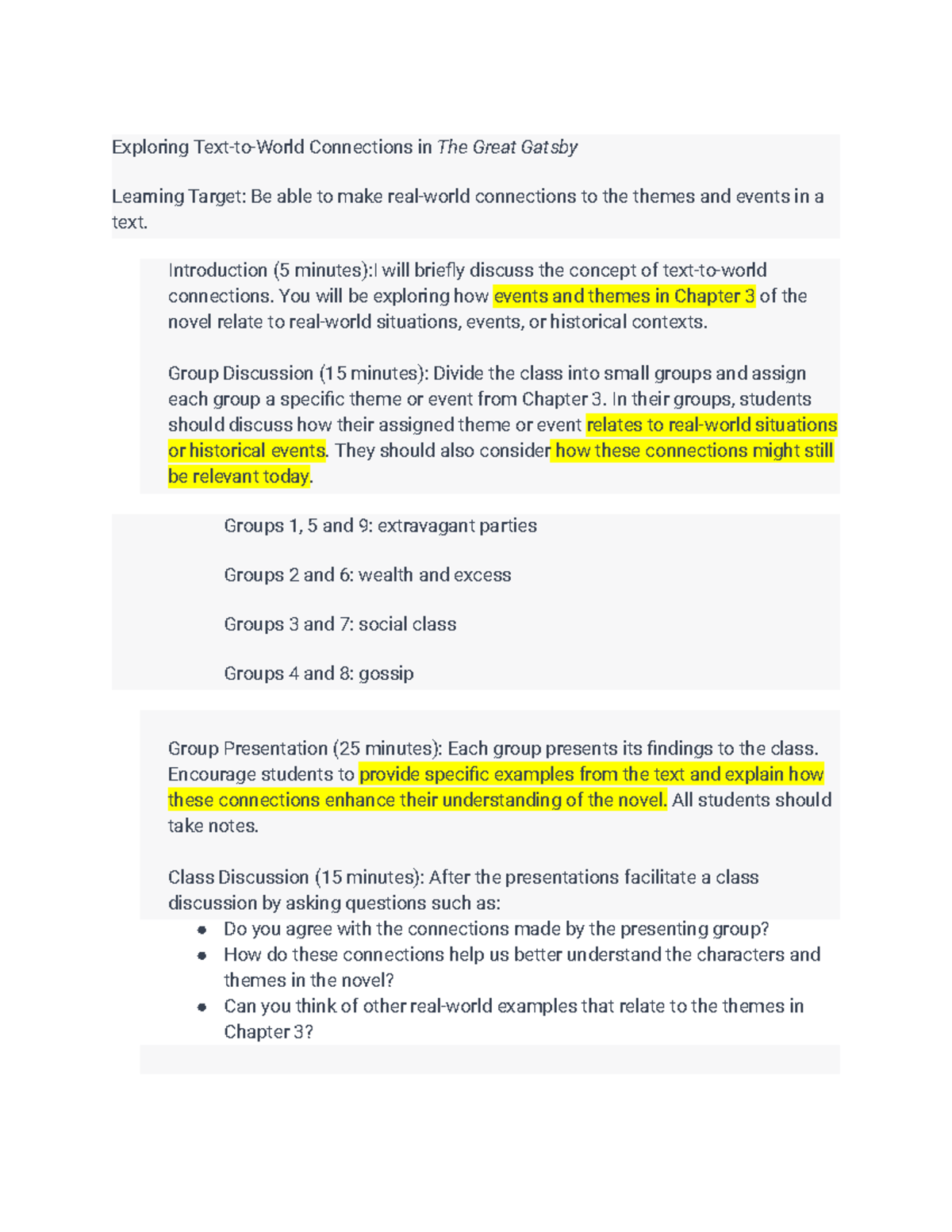 Text-to-World Connections Activity: The Great Gatsby (Chapter 3) - Studocu