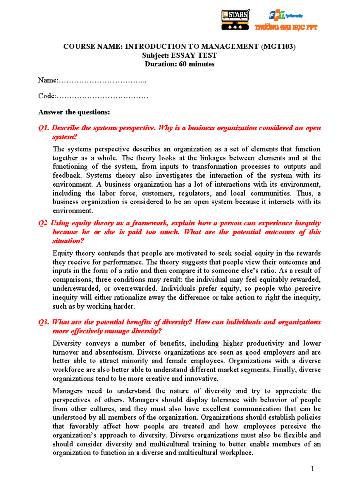 Essay Test Questions and Answers - MGT103 - Studocu