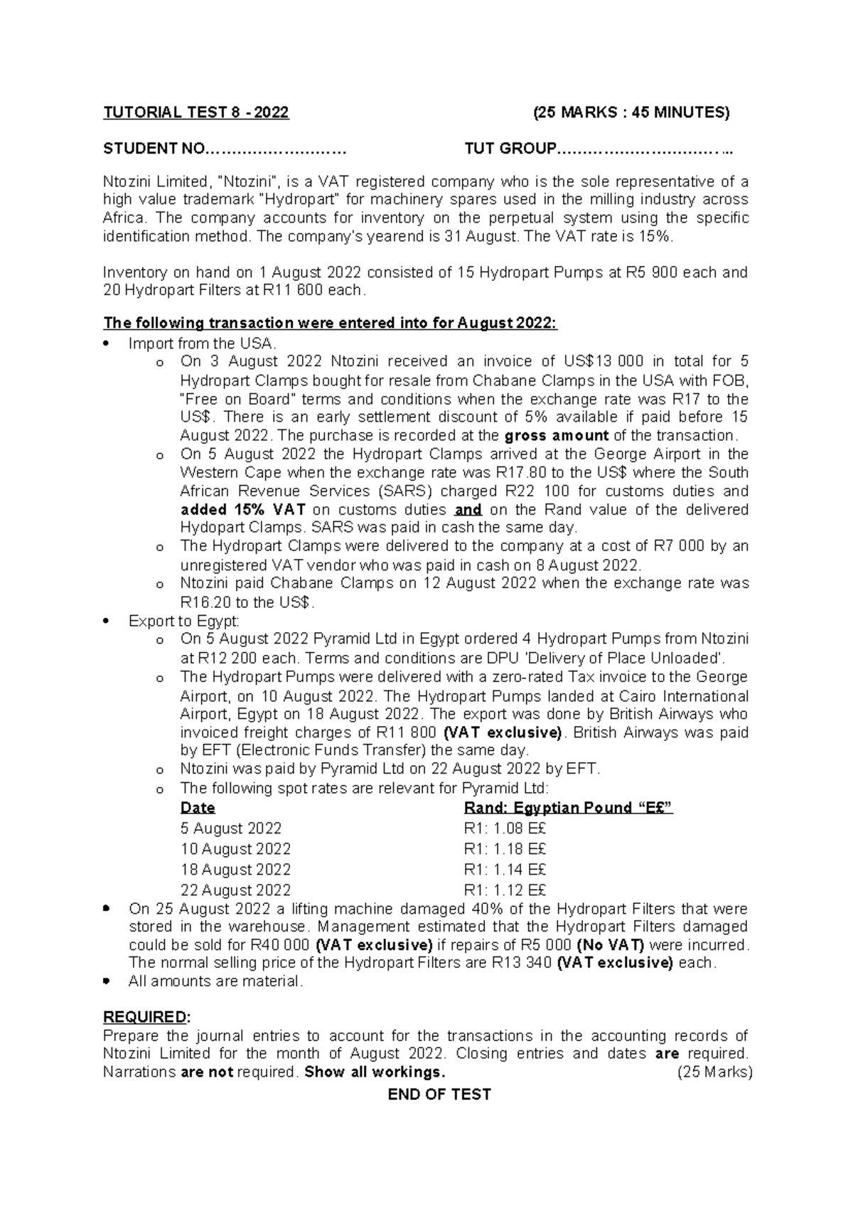 Tutorial test 8 Inventory 2022 - TUTORIAL TEST 8 - 2022 (25 MARKS : 45 ...