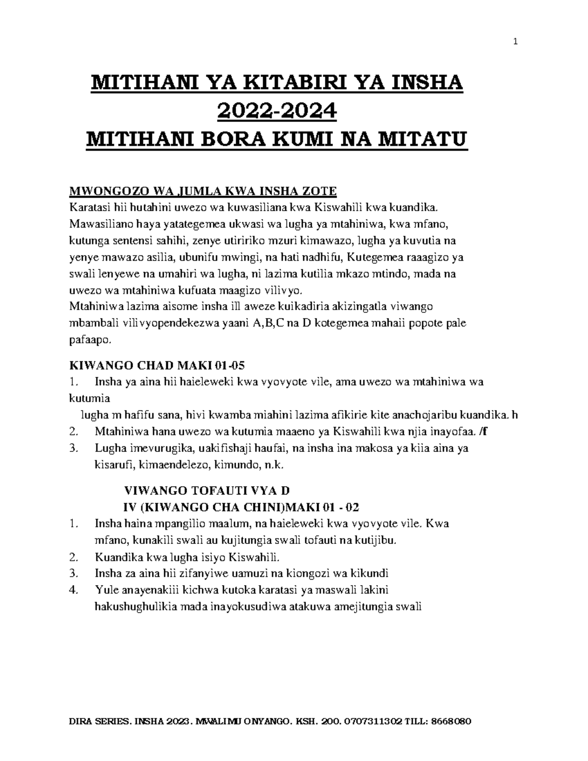 MITIHANI YA KITABIRI YA INSHA 2023 - MWONGOZO WA JUMLA KWA MITIHANI ...