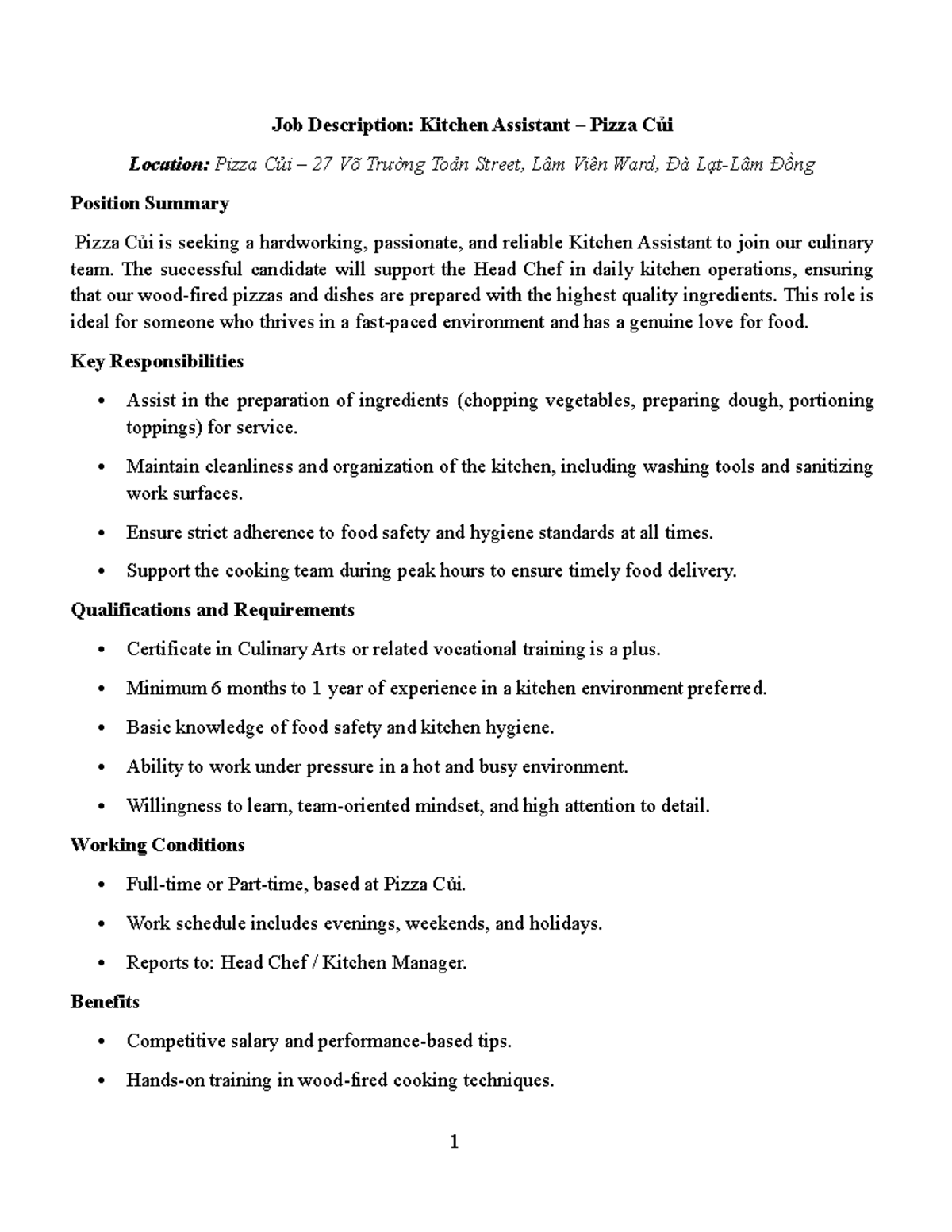 Kitchen Assistant Job Description - Pizza Củi - Studocu