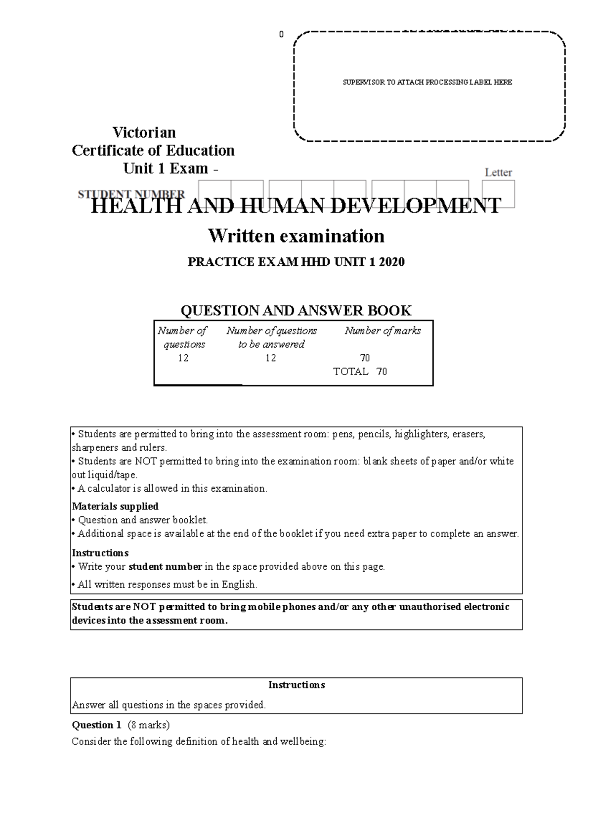 HHD Unit 1 2020 Practice Exam - Health and Human Development - Studocu