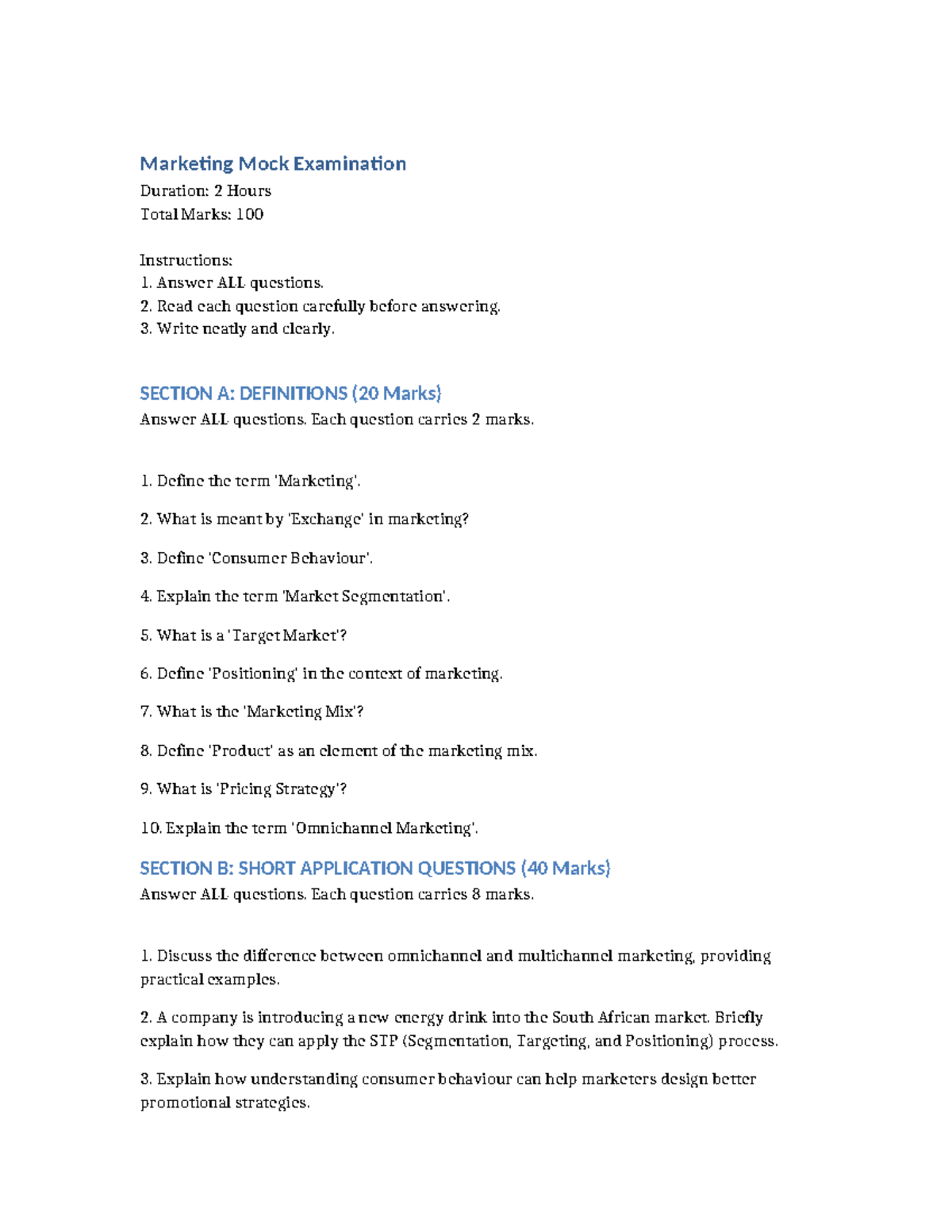 Marketing Mock Exam - Practice Test for Marketing Concepts - Studocu