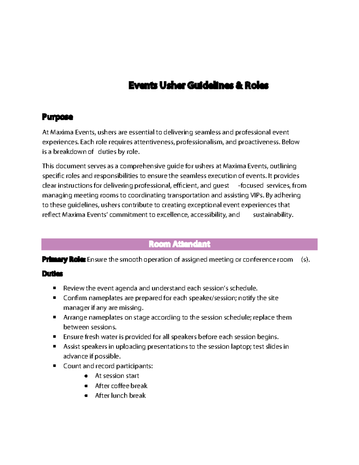 Ushers Guide: Roles & Responsibilities for Maxima Events - Studocu