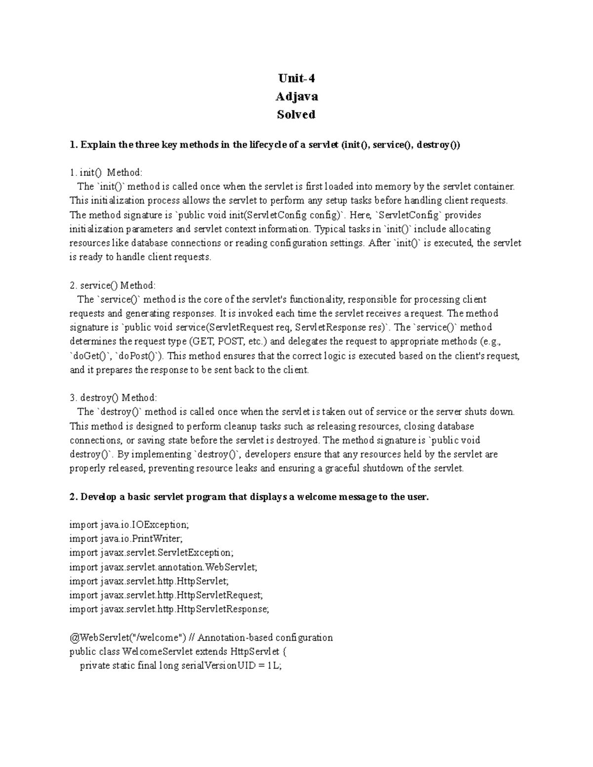U4-Adj - Advanced Java Servlet Lifecycle and Functionality Notes - Studocu