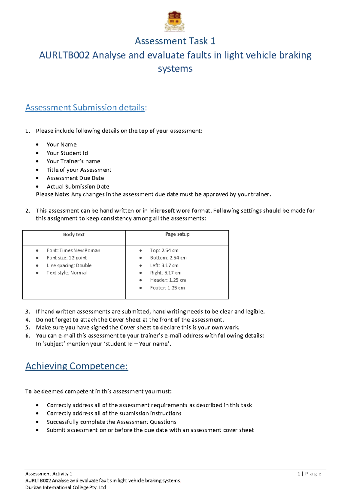 AURLTB002 Assessment Activity 1: Analyzing Light Vehicle Brake Faults ...