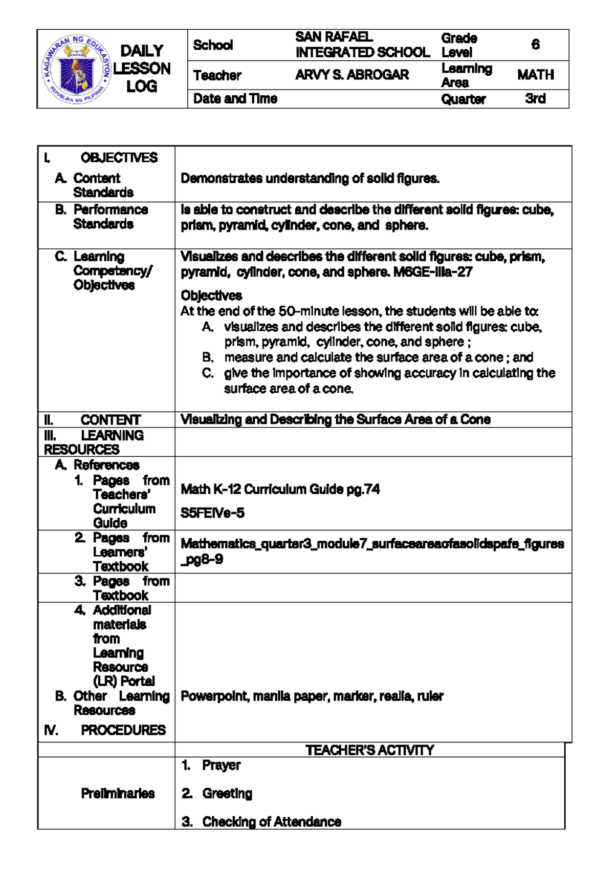 MATH Final SLP - School SAN RAFAEL INTEGRATED SCHOOL Grade Level 6 ...