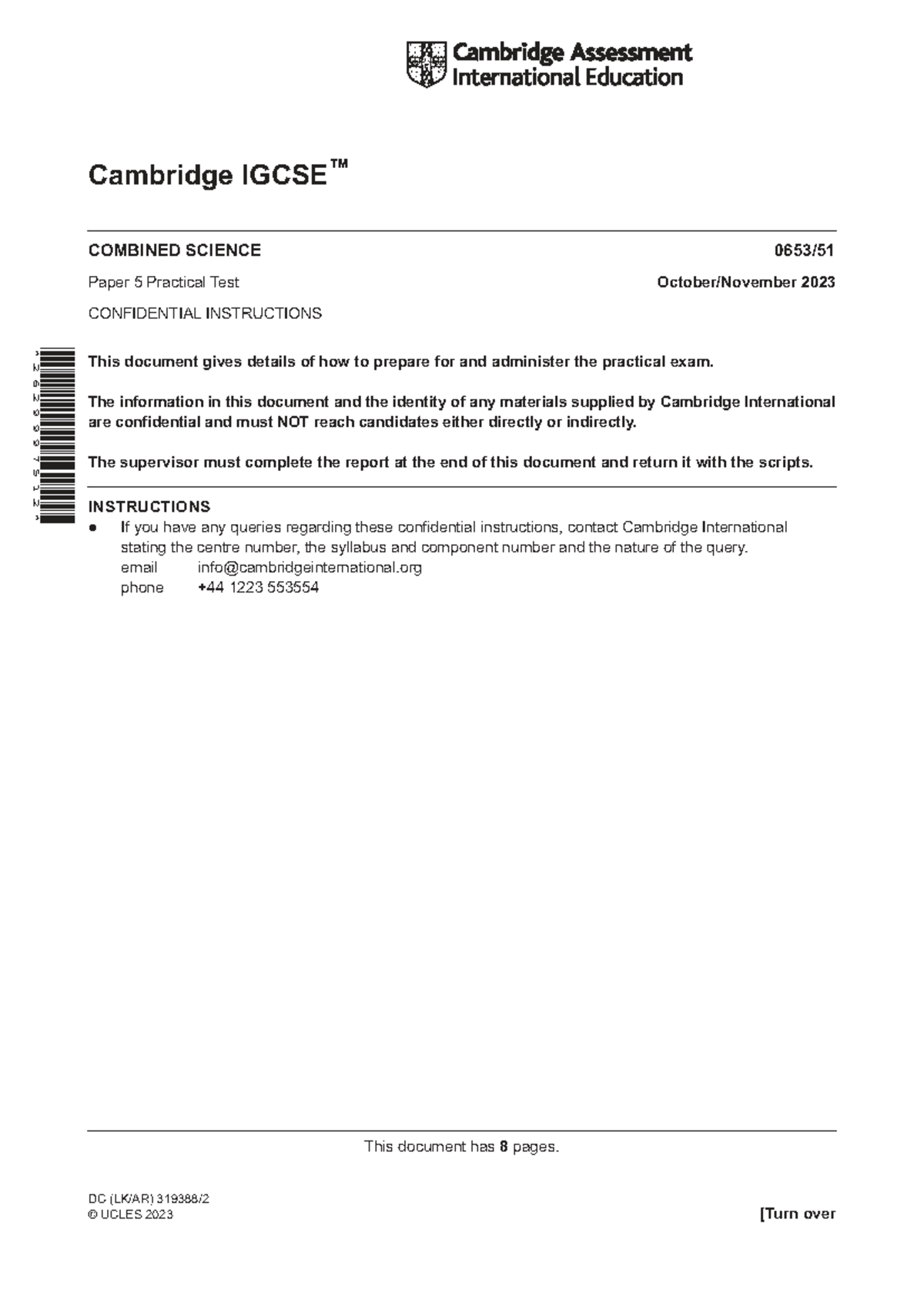 Cambridge Combined Science 0653 W23 Paper 5 Practical Test Instructions ...
