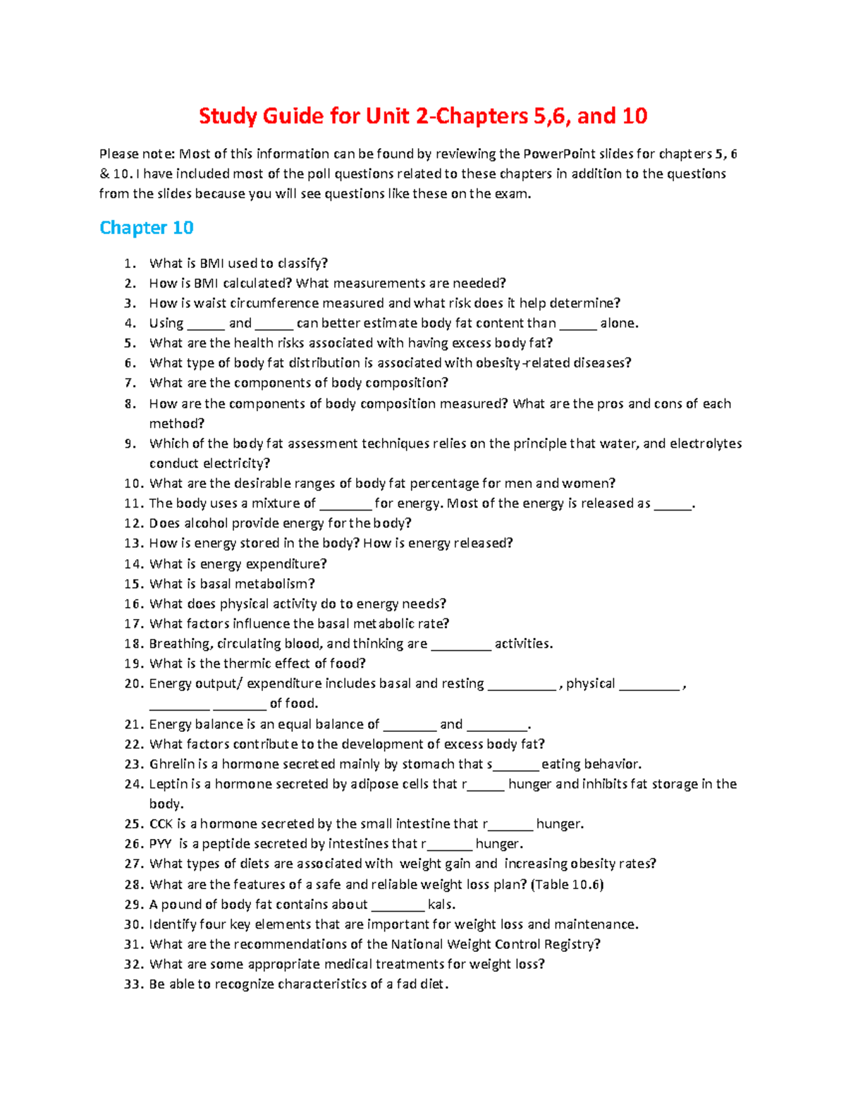 Study Guide for Unit 2: Chapters 5, 6, and 10 Exam Prep - Studocu
