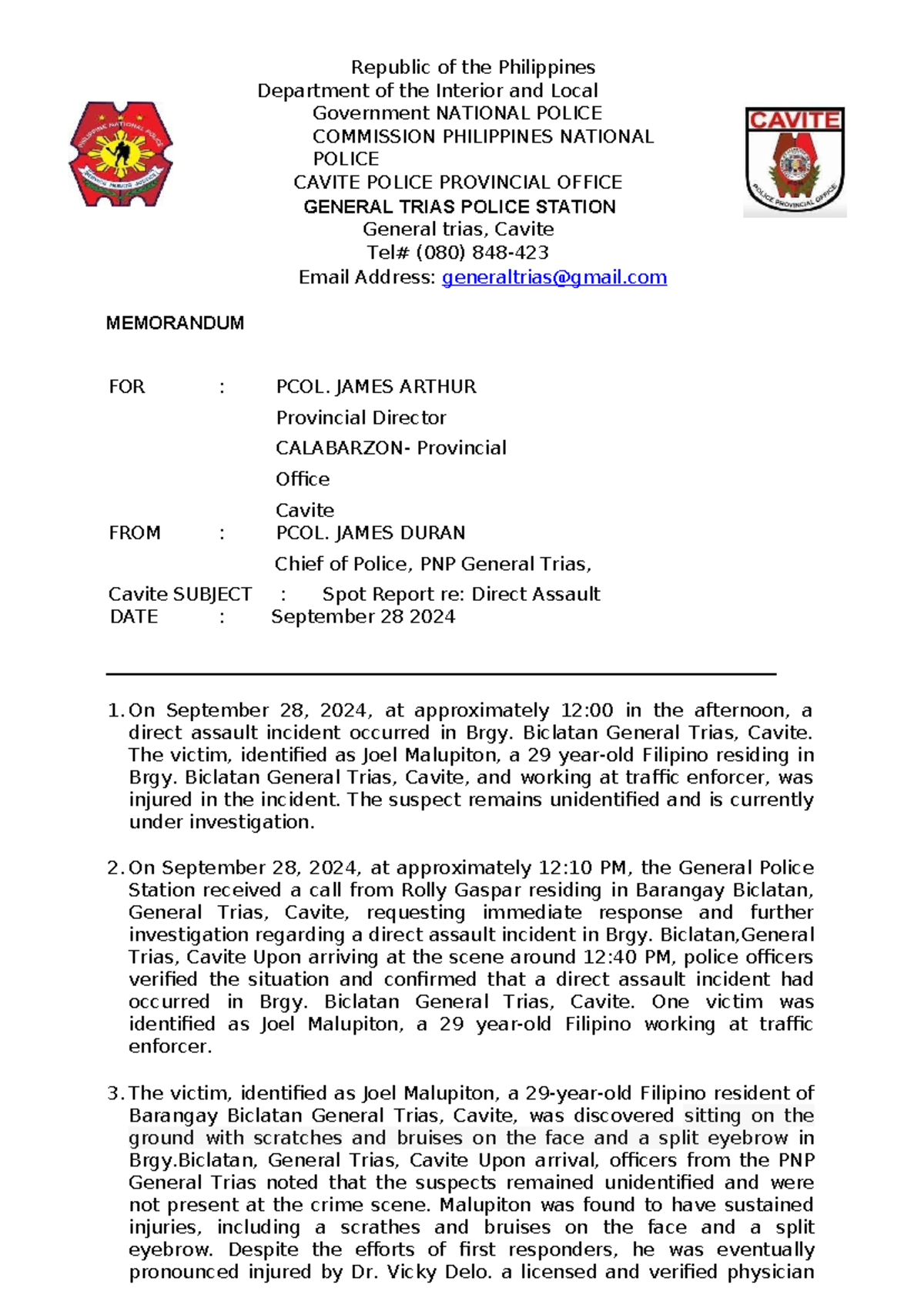 Direct Assault Incident Report: Brgy. Biclatan, General Trias, Cavite ...