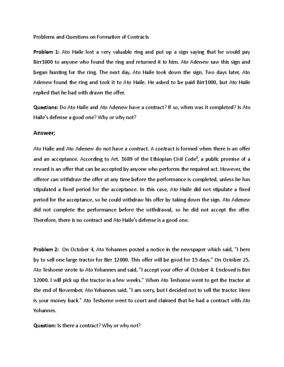 Contract Law Questions & Answers: Insights from Problems on Formation ...