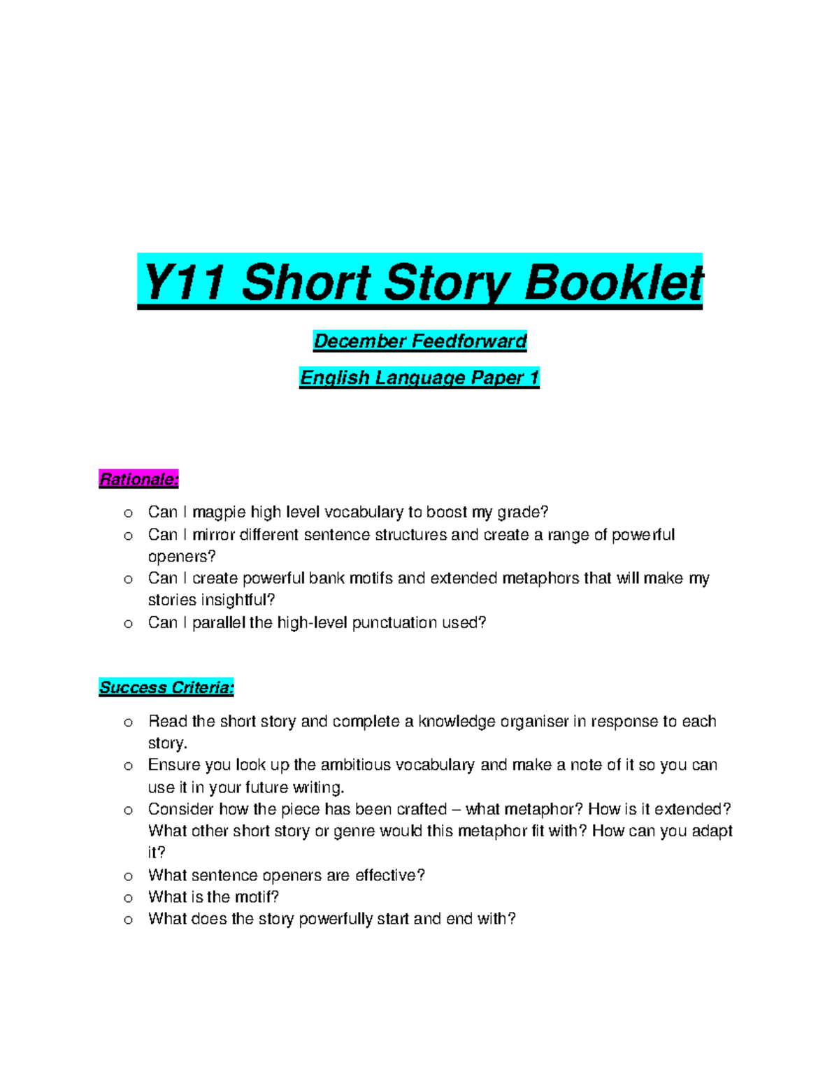Y11 Short Story Booklet - Y11 Short Story Booklet December Feedforward ...