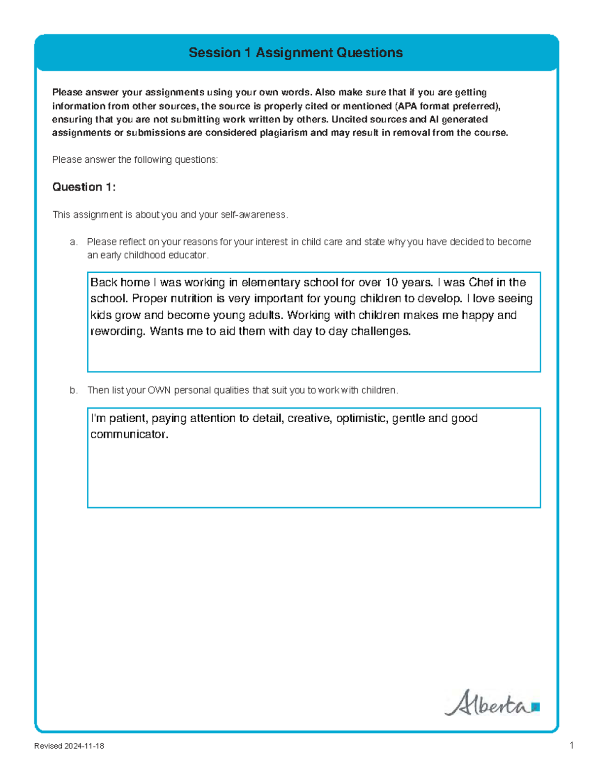 Session 01 - Assignment Questions on Early Childhood Education - Studocu