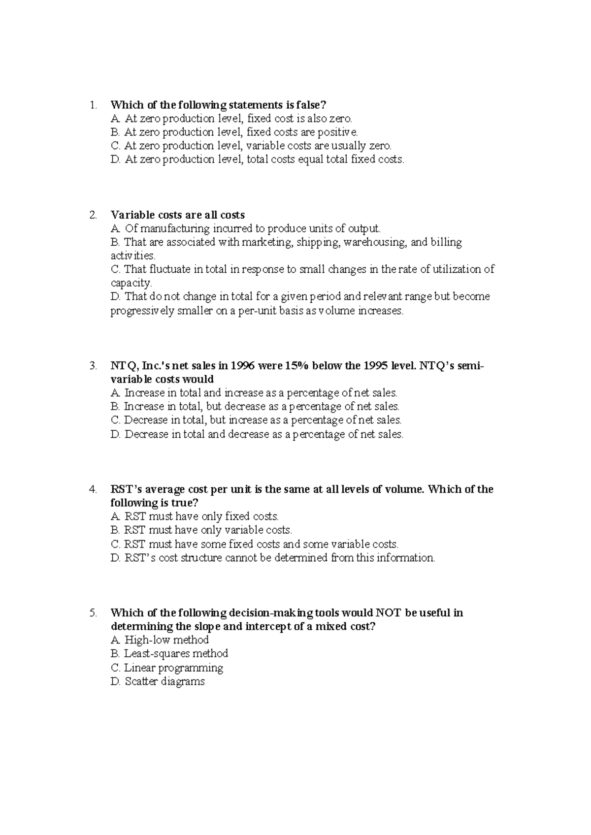 Cost Analysis and Management Concepts: Review for Exam (Course Code ...