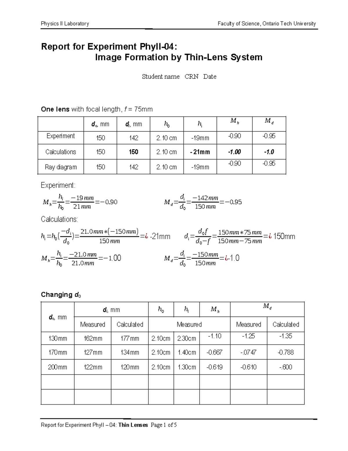 Lab Report on Thin Lenses Experiment PHY1020U - Studocu