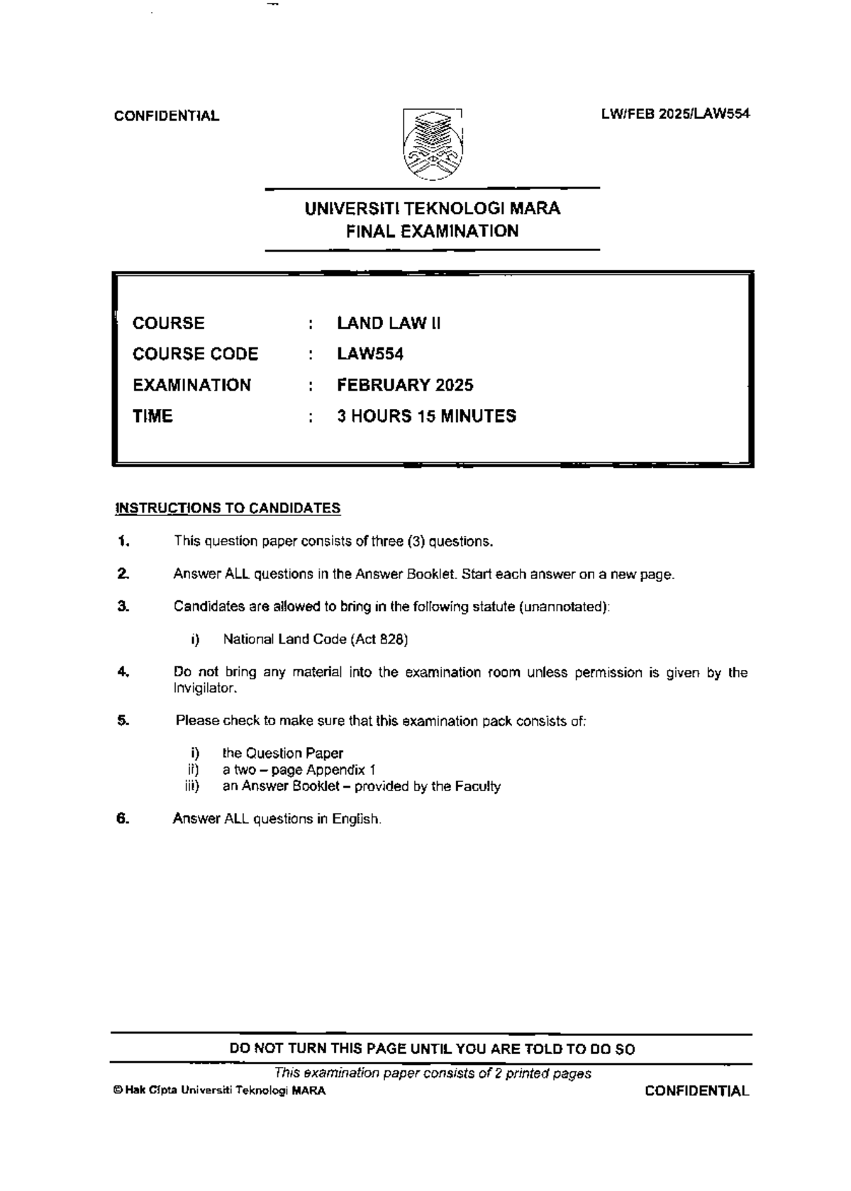 LAW554 FINAL EXAMINATION FEB 2025 - LAND LAW II QUESTIONS - Studocu