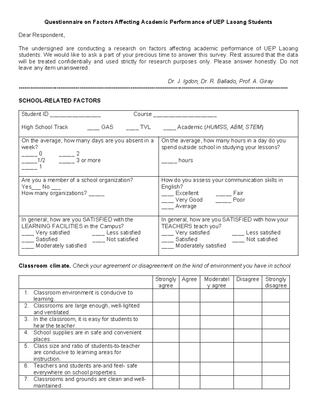 Questionnaire on Factors Impacting Academic Performance of UEP Laoang ...