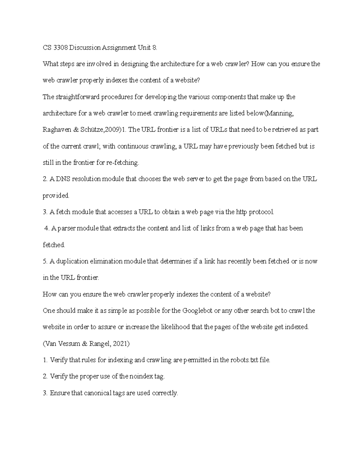 CS 3308 Discussion Assignment: Web Crawler Architecture & Indexing ...