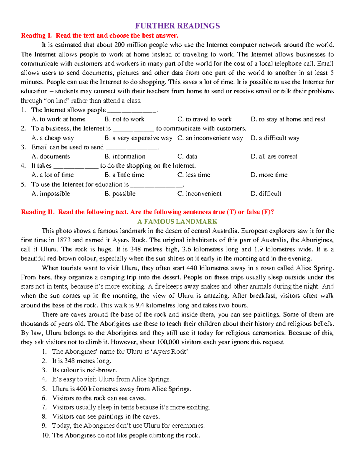 Further Readings - 1231231233123 - FURTHER READINGS Reading I. Read the ...