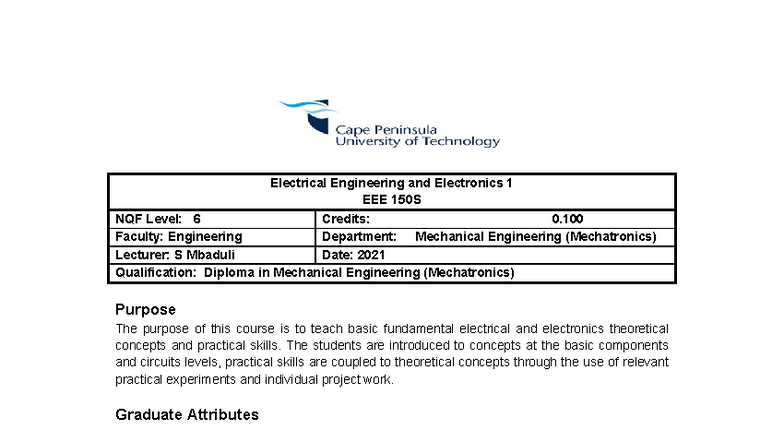 Electrical Engineering and Electronics I 150S: Course Overview and ...