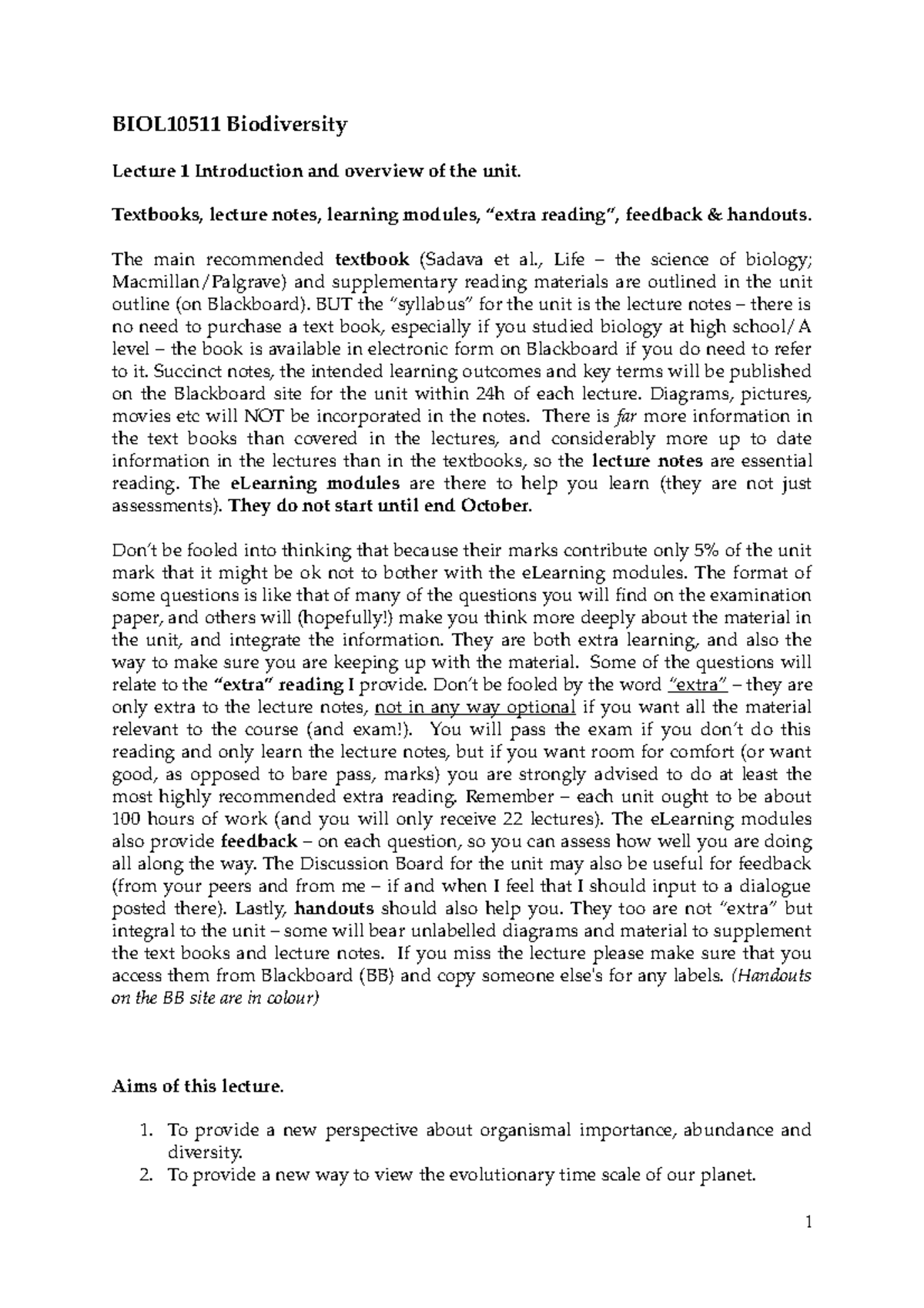 Lecture 1 notes 2016 - BIOL10511 Biodiversity Lecture 1 Introduction ...
