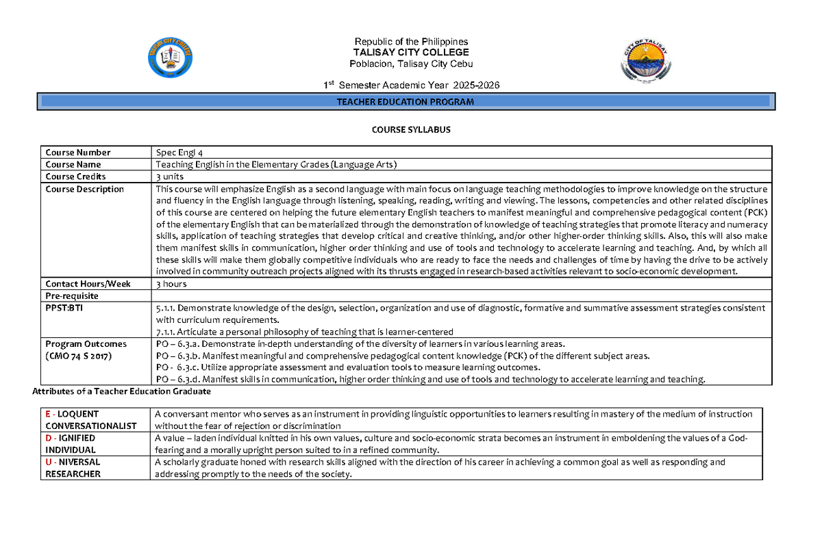 Revised Syllabus for Spec Engl 4: Teaching English in Elementary Grades ...