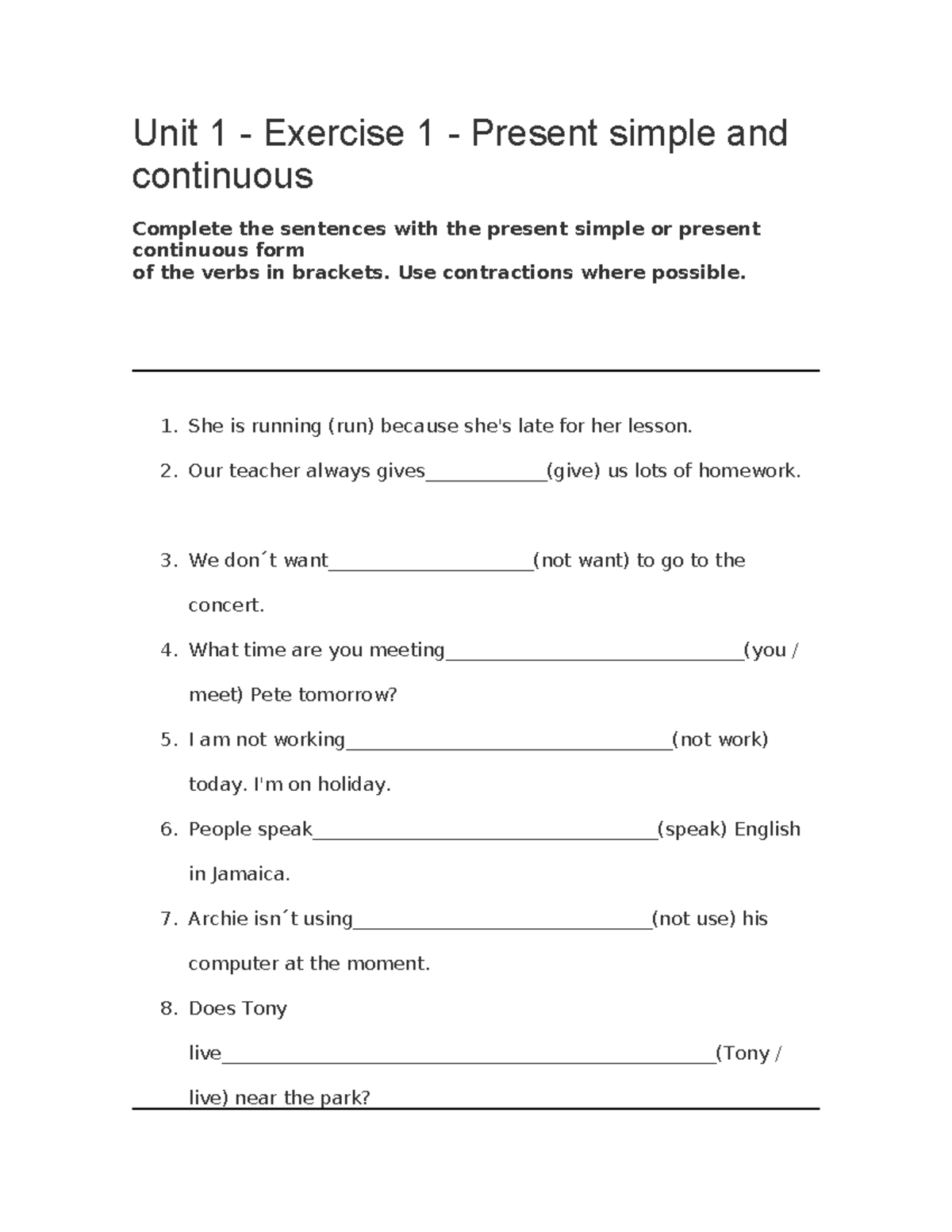 Unit 1 Exercise 1: Present Simple vs. Continuous Practice - Studocu