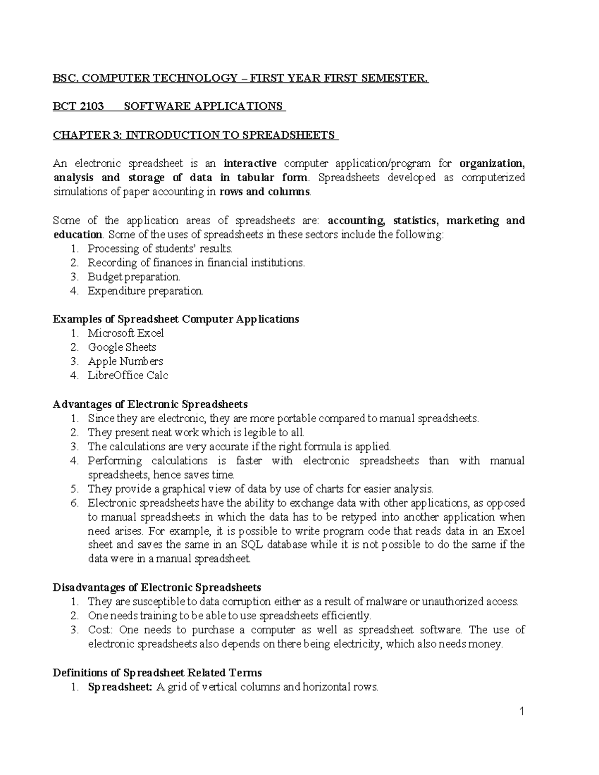 BCT 2103 Software Applications: Spreadsheets Overview and Excel Guide ...