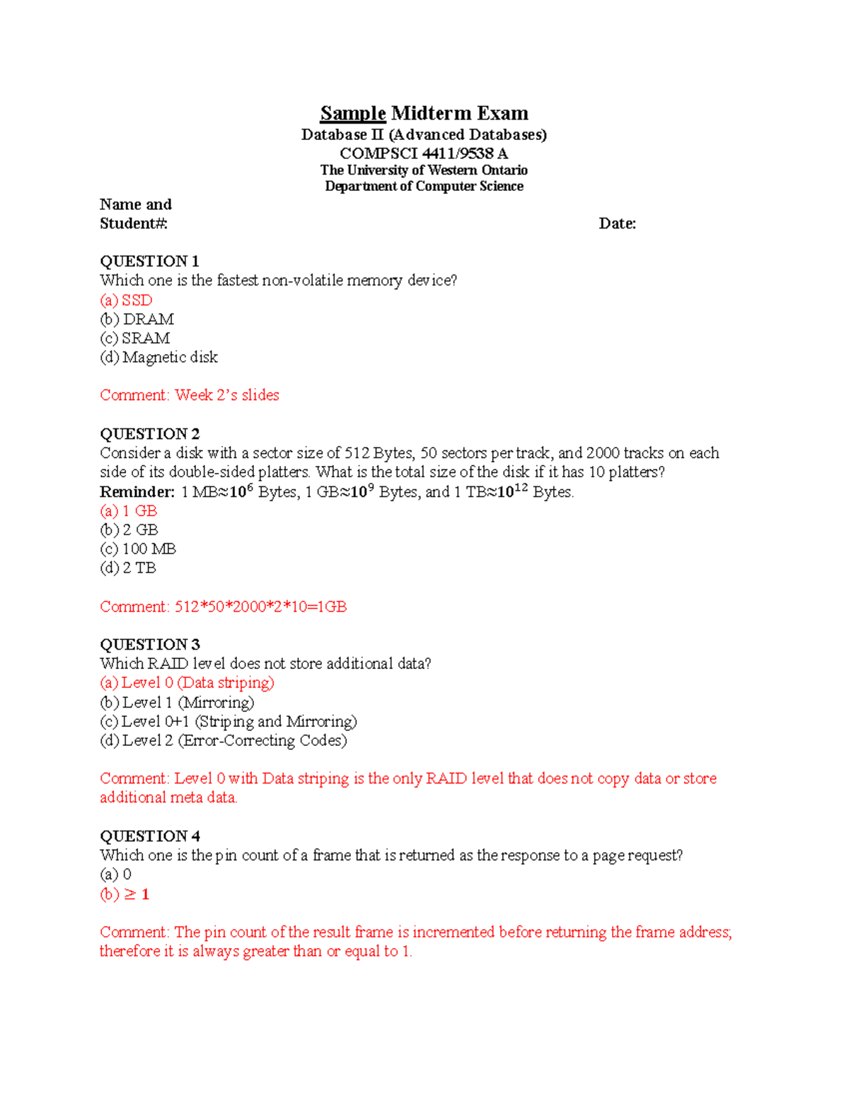 Midterm Exam Sample for COMPSCI A (CS4411) - Fall 2024 - Studocu