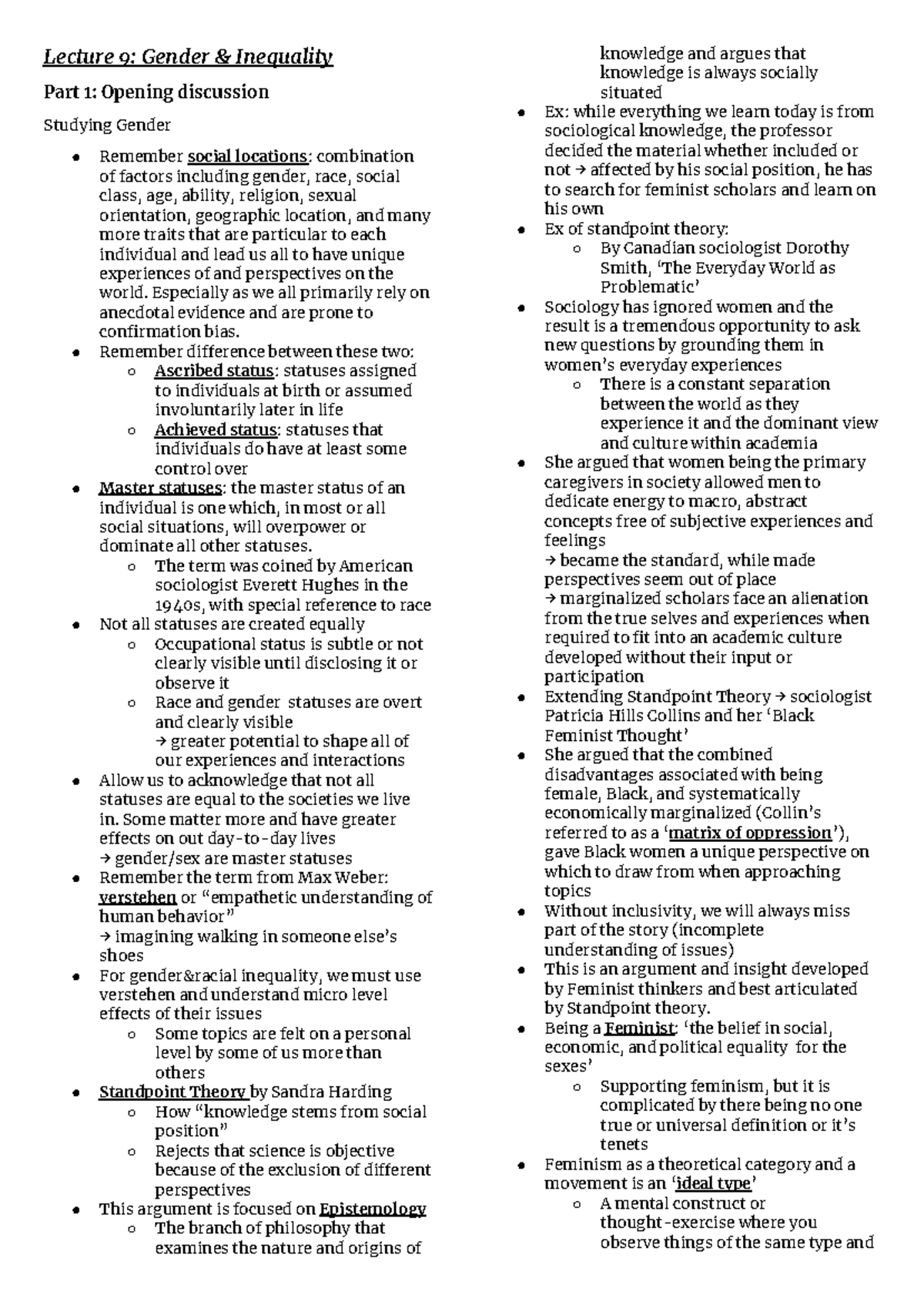 Sociology Notes - SOC100 Lecture Notes Week 9: Gender & Inequality ...