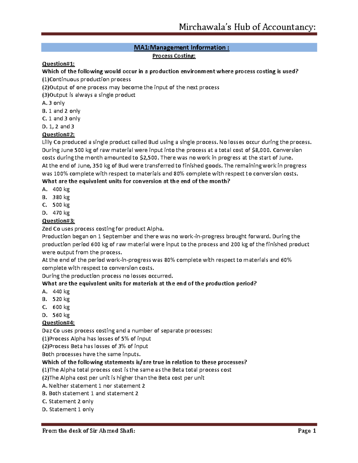 MA1 Process Costing - Practice Questions and Analysis - Studocu
