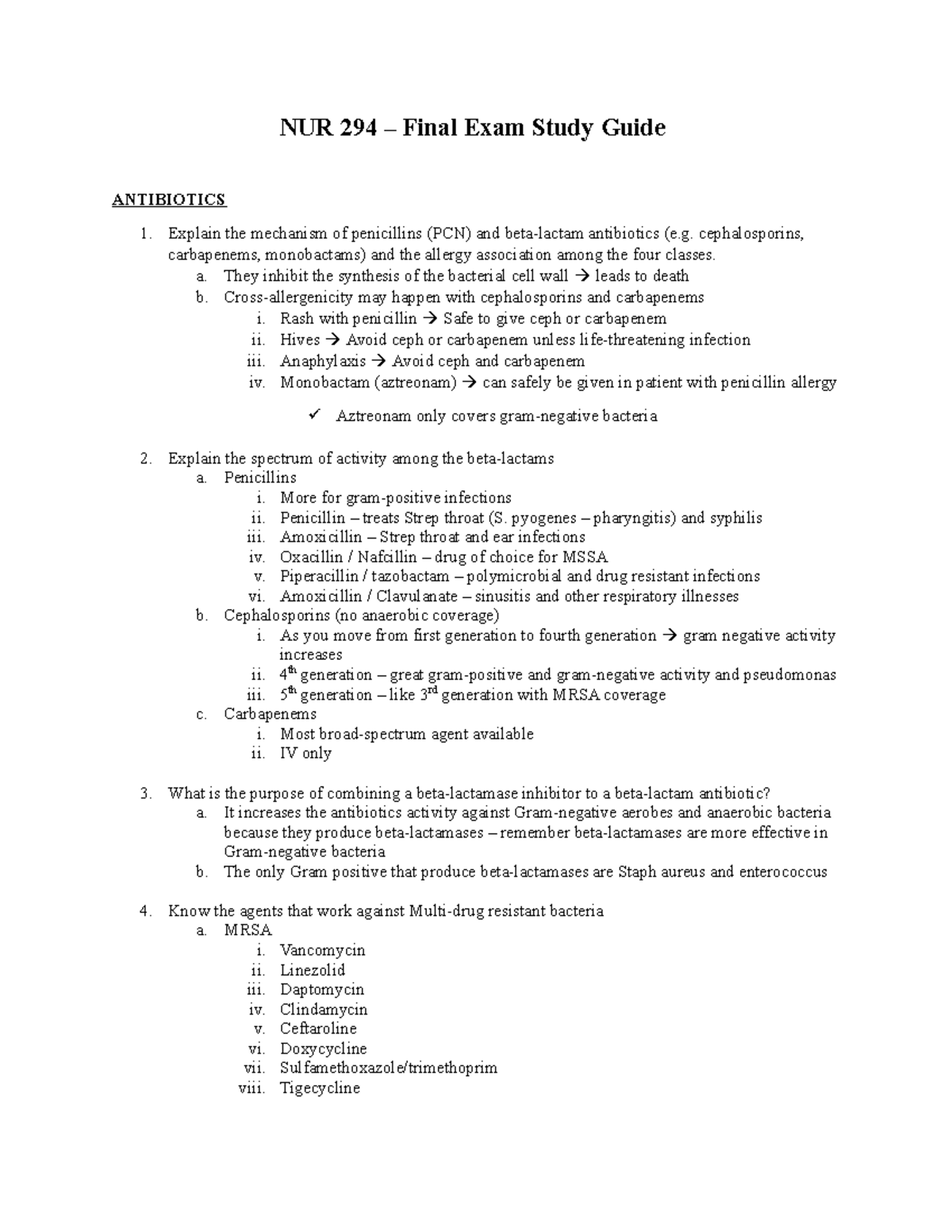 NUR 294 Final Exam Comprehensive Study Guide on Pharmacology - Studocu