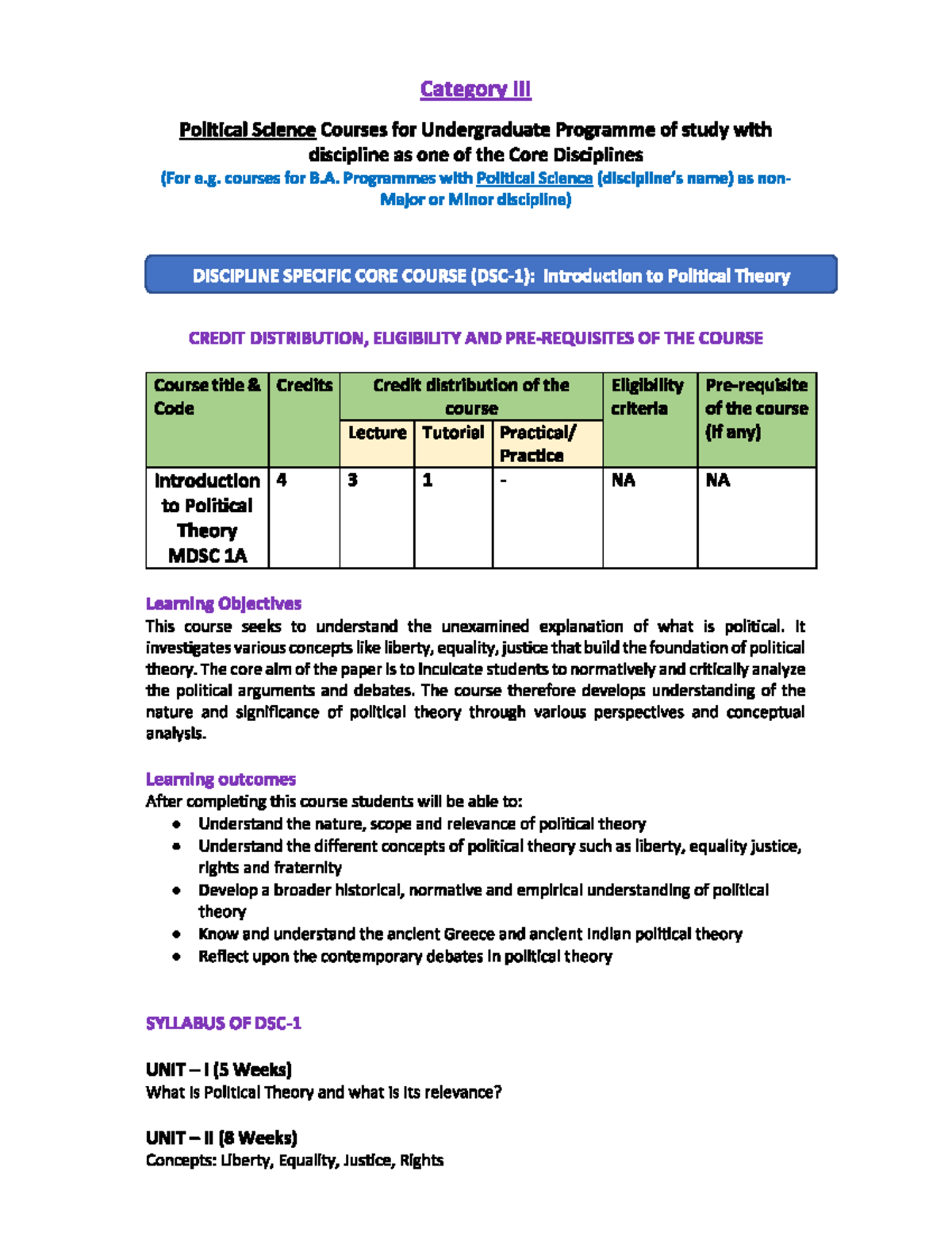 Syllabus for Introduction to Political Theory (MDSC 1A - SEM 1) - Studocu