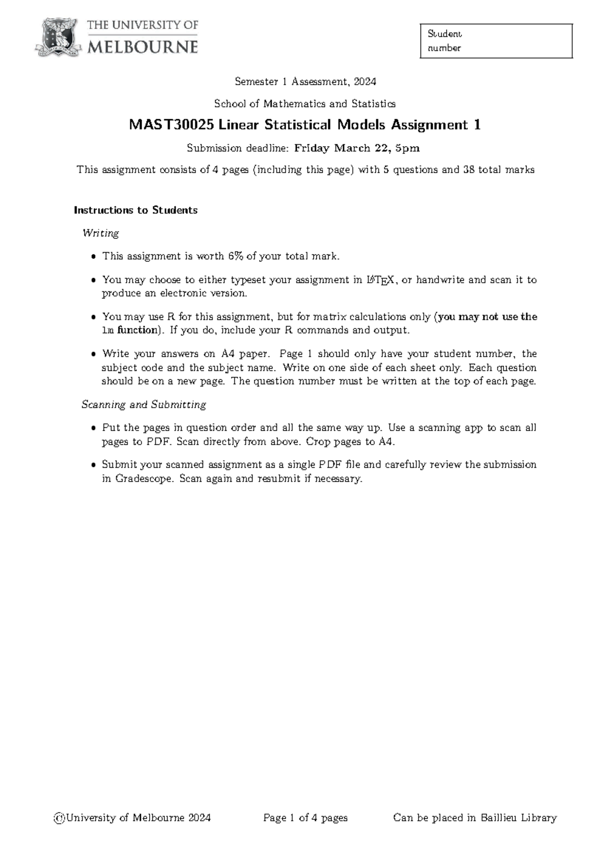 MAST30025 Linear Statistical Models Assignment 1 - Semester 1, 2024 ...