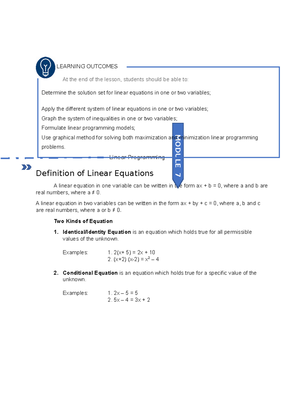 MATH 1 Module 7 Linear Programming 1 - Definition of Linear Equations A ...