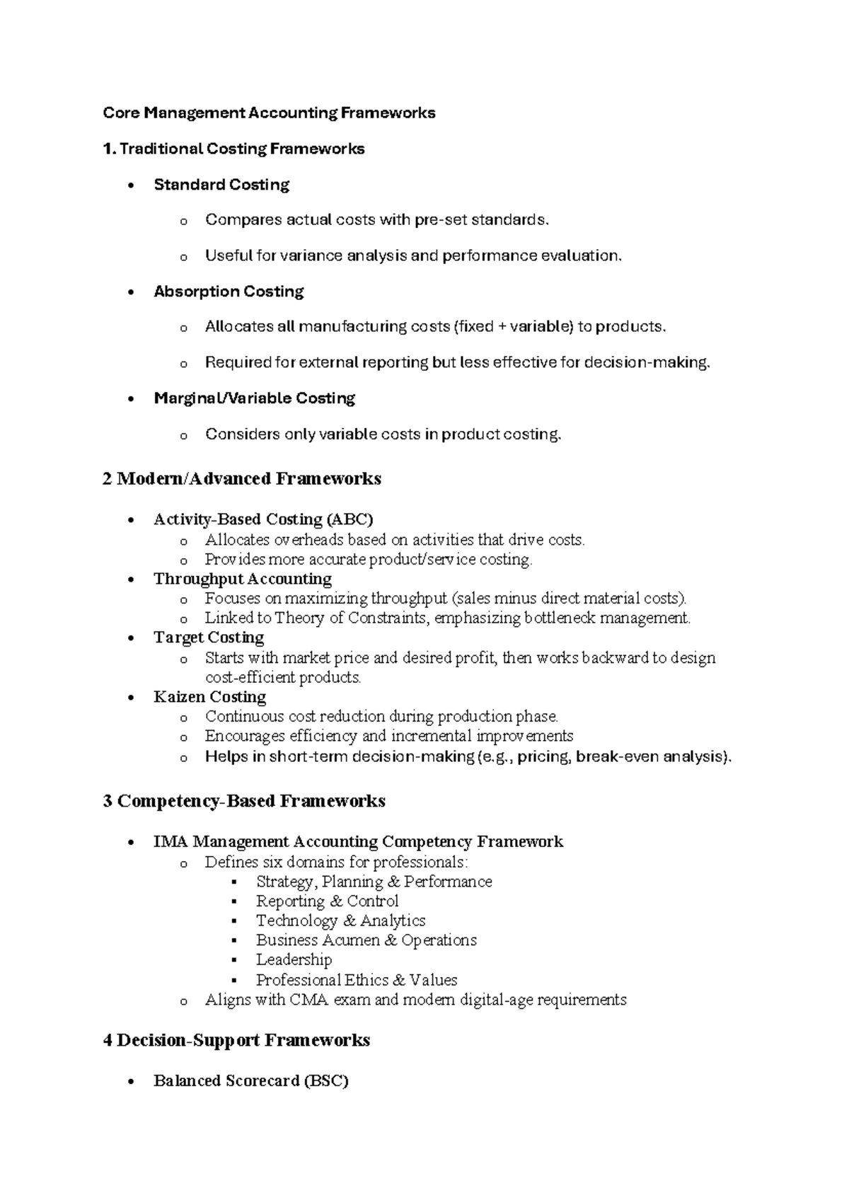Management Accounting Frameworks: Key Concepts and Techniques - Studocu