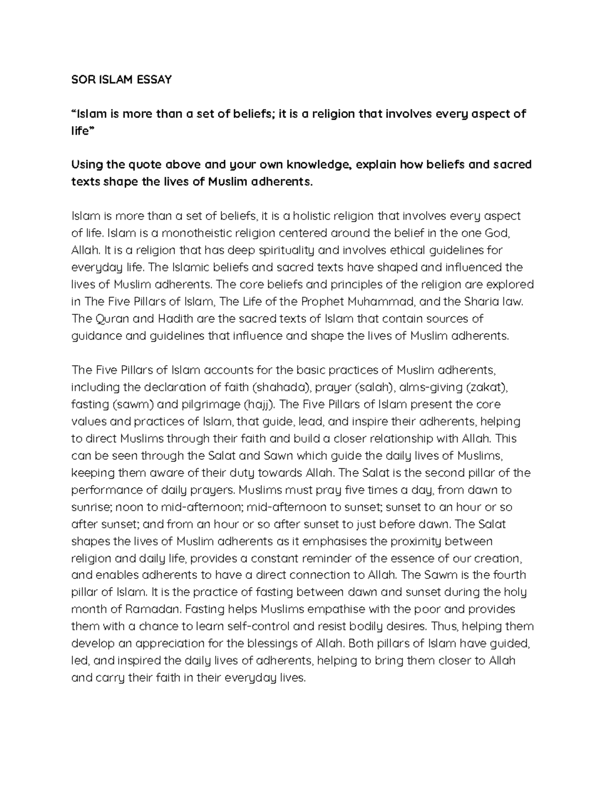 SOR 101 Islam Essay: Influence of Beliefs & Texts on Daily Life - Studocu