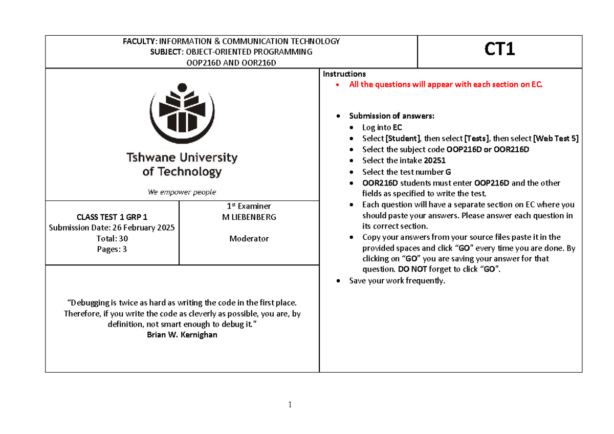 OOP216D OOR216D CT1 2025S1 Group 1 Programming Test Instructions - Studocu