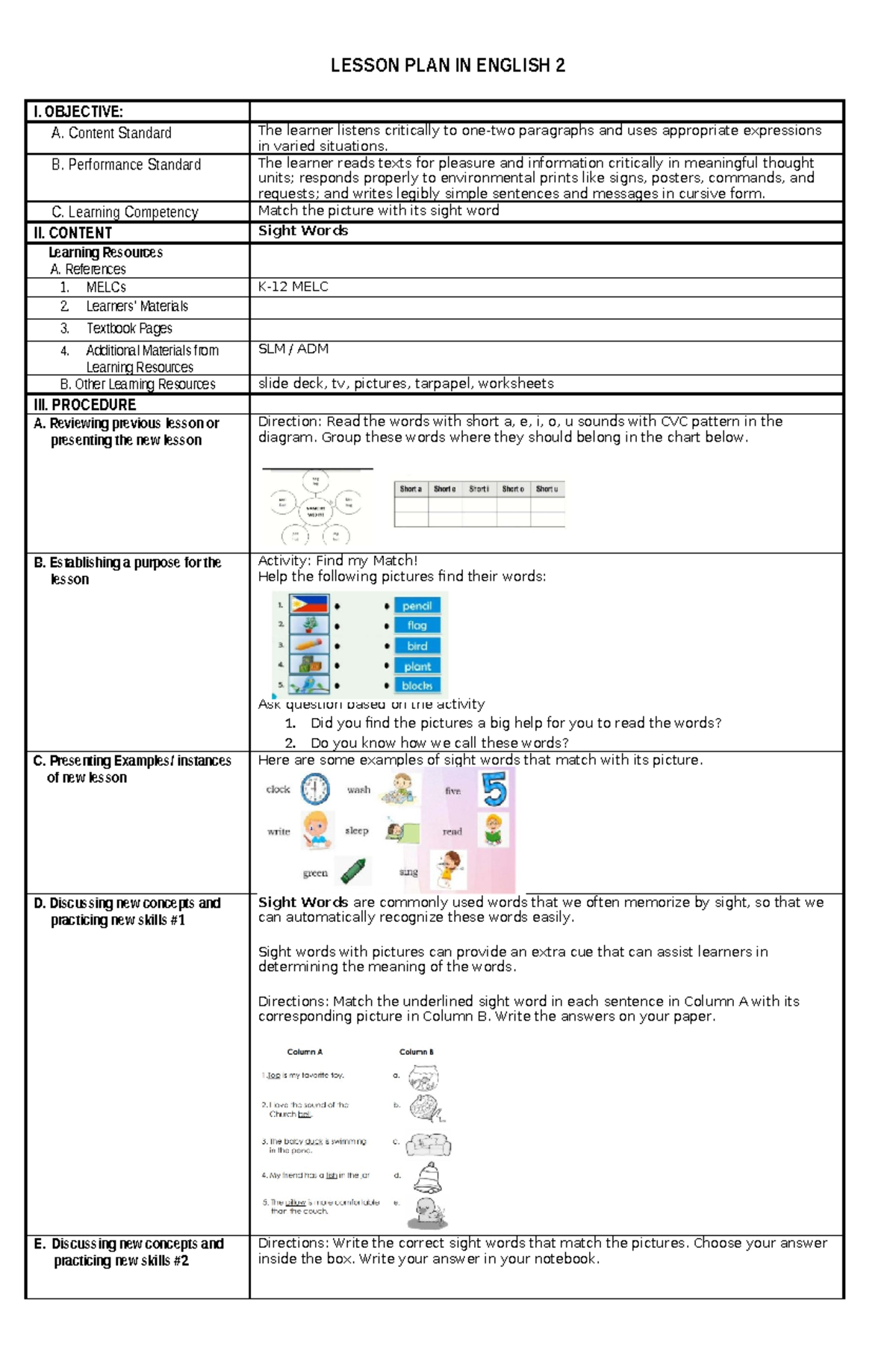 Lesson Plan in English 2 - LESSON PLAN IN ENGLISH 2 I. OBJECTIVE: A ...